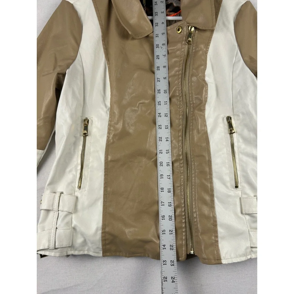 Steve Madden Tan Cream Colorblock Faux Leather Moto Jacket Gold Hardware Medium